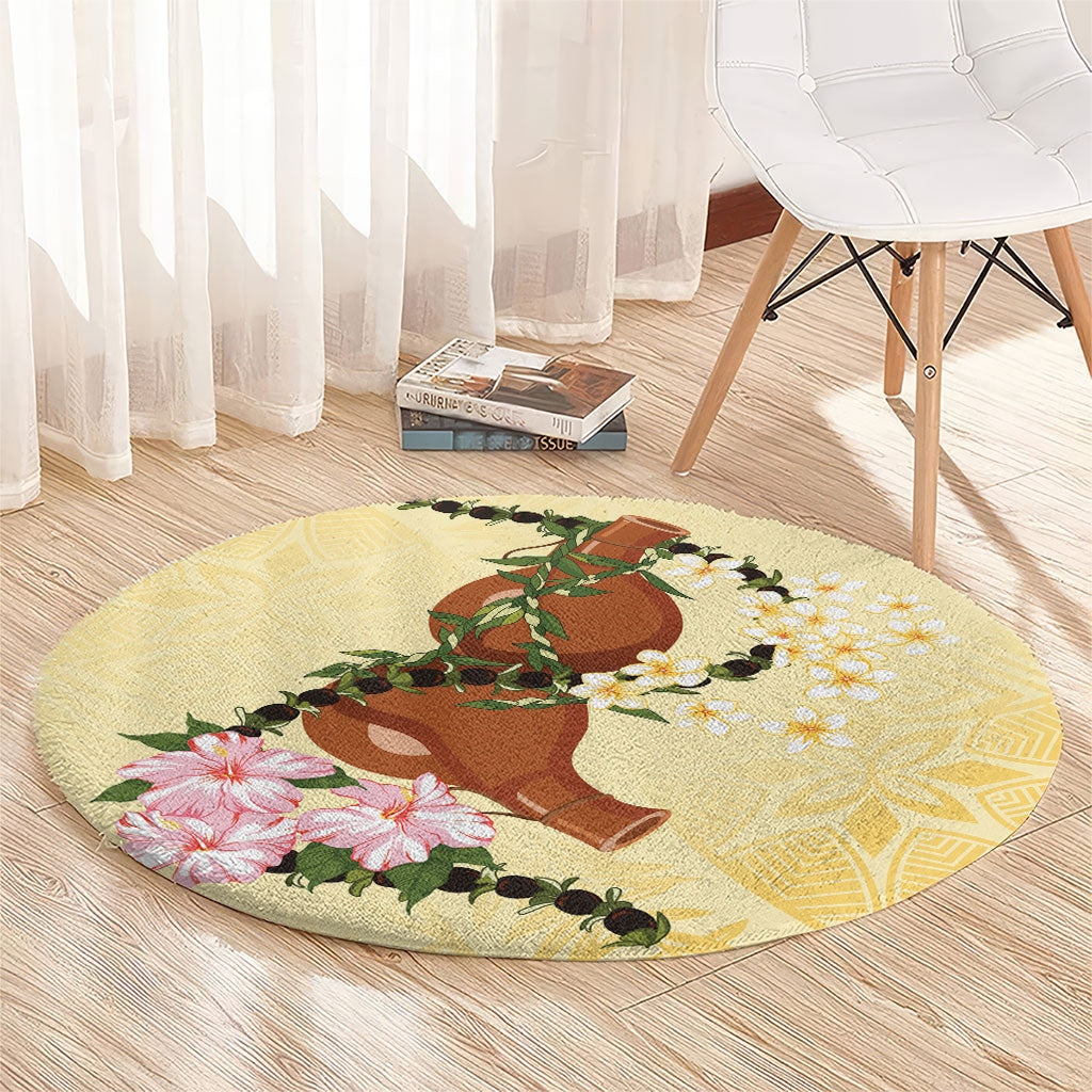 Aloha Hawaii Ipu Gourd Mix Kukui Nut Lei Round Carpet Lemon Yellow LT7 - Polynesian Pride