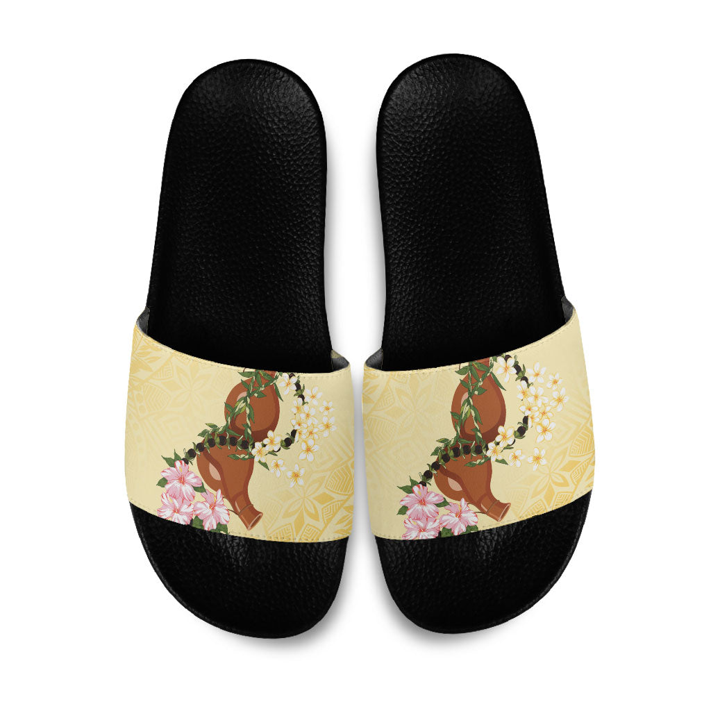 Aloha Hawaii Ipu Gourd Mix Kukui Nut Lei Slide Sandals Lemon Yellow LT7 Lemon Yellow - Polynesian Pride