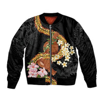 Aloha Hawaii Ipu Gourd Mix ʻĀkulikuli Lei Bomber Jacket Obsidian Black LT7 Unisex Obsidian Black - Polynesian Pride
