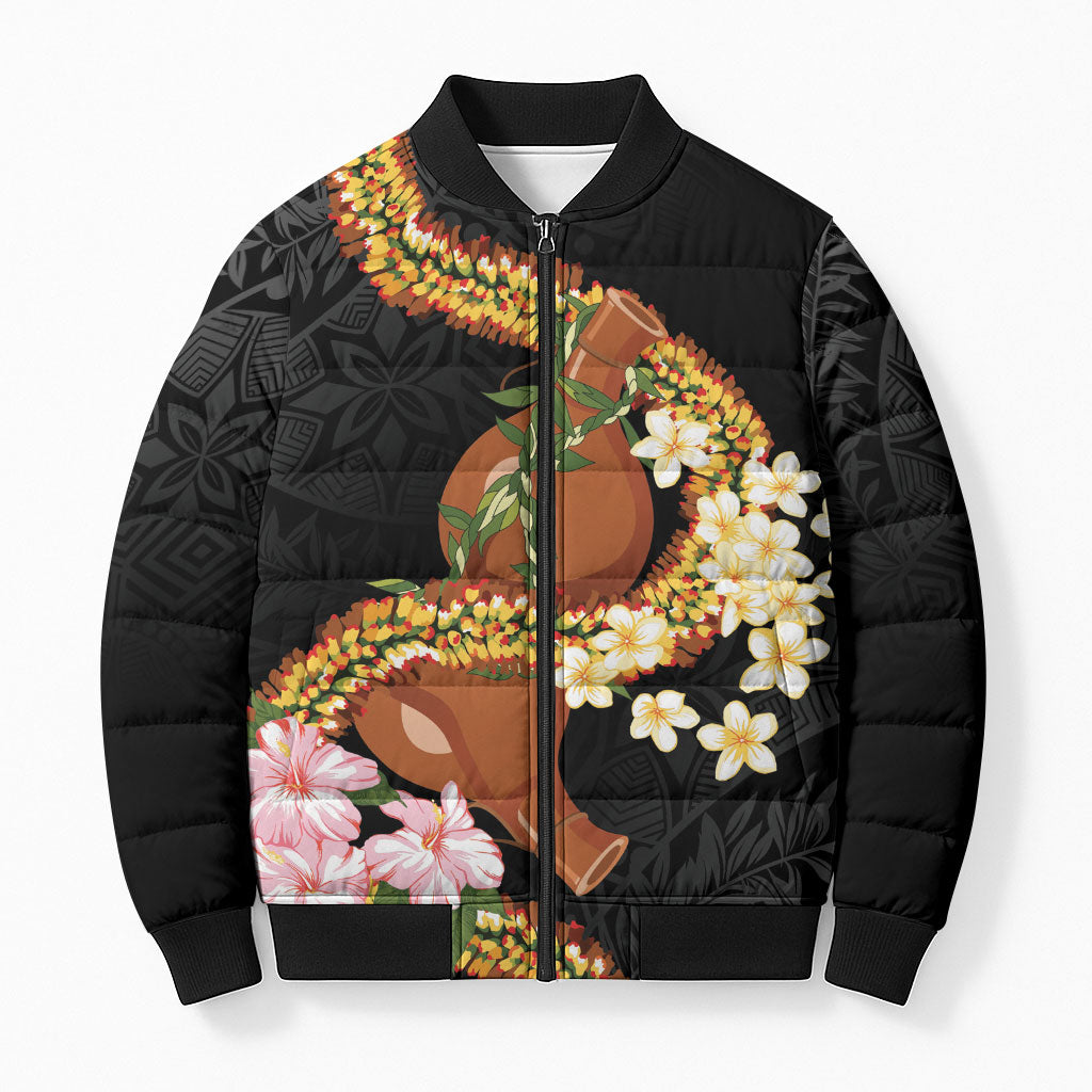 Aloha Hawaii Ipu Gourd Mix ʻĀkulikuli Lei Bomber Puffer Jacket Obsidian Black LT7 Unisex Obsidian Black - Polynesian Pride