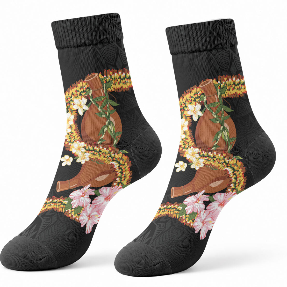 Aloha Hawaii Ipu Gourd Mix ʻĀkulikuli Lei Crew Socks Obsidian Black LT7 - Polynesian Pride