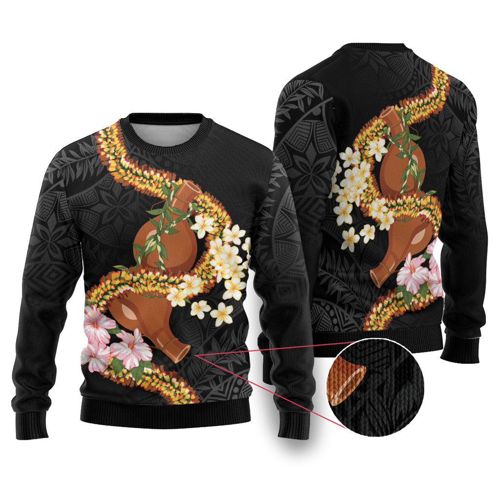 Aloha Hawaii Ipu Gourd Mix ʻĀkulikuli Lei Ugly Christmas Sweater Obsidian Black