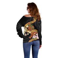 Aloha Hawaii Ipu Gourd Mix ʻĀkulikuli Lei Off Shoulder Sweater Obsidian Black LT7 - Polynesian Pride