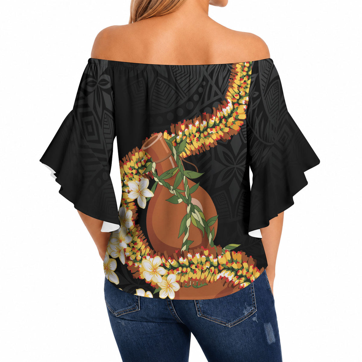 Aloha Hawaii Ipu Gourd Mix ʻĀkulikuli Lei Off Shoulder Wrap Waist Top Obsidian Black LT7 - Polynesian Pride