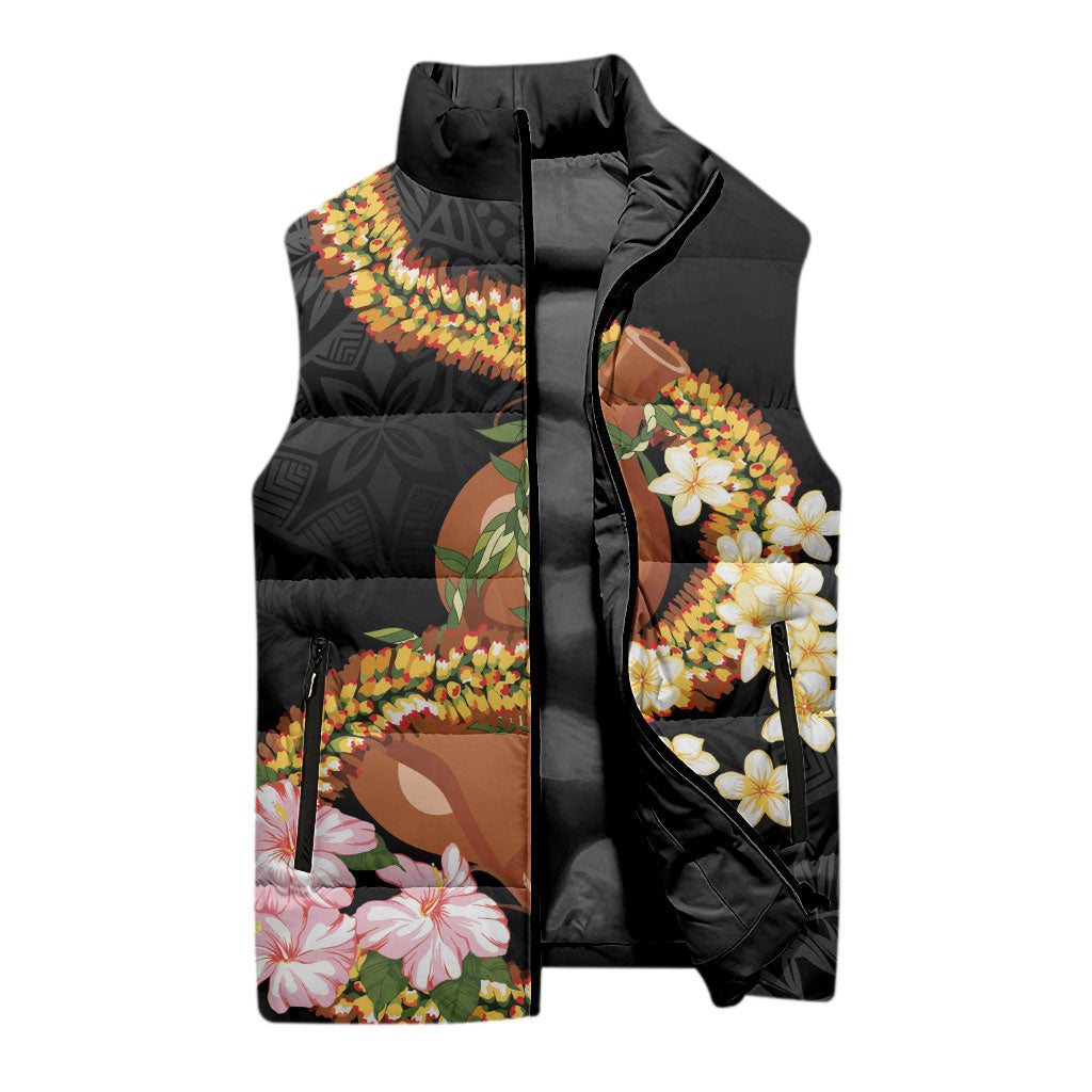 Aloha Hawaii Ipu Gourd Mix ʻĀkulikuli Lei Sleeveless Puffer Jacket Obsidian Black LT7 - Polynesian Pride