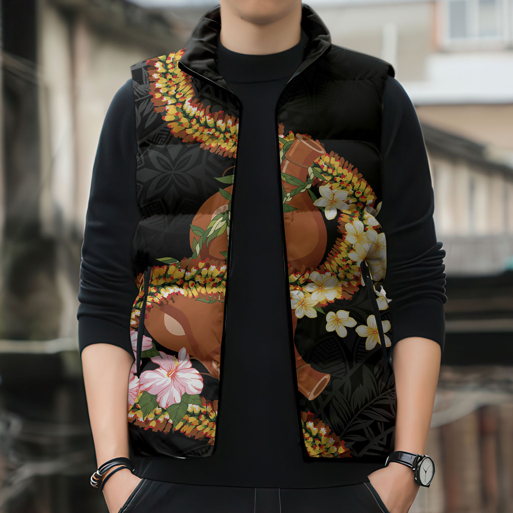 Aloha Hawaii Ipu Gourd Mix ʻĀkulikuli Lei Sleeveless Puffer Jacket Obsidian Black LT7 - Polynesian Pride