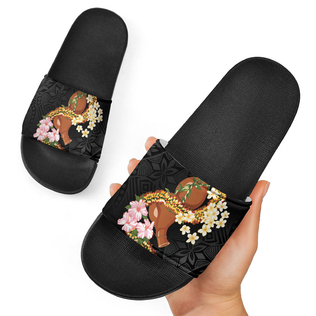 Aloha Hawaii Ipu Gourd Mix ʻĀkulikuli Lei Slide Sandals Obsidian Black LT7 - Polynesian Pride
