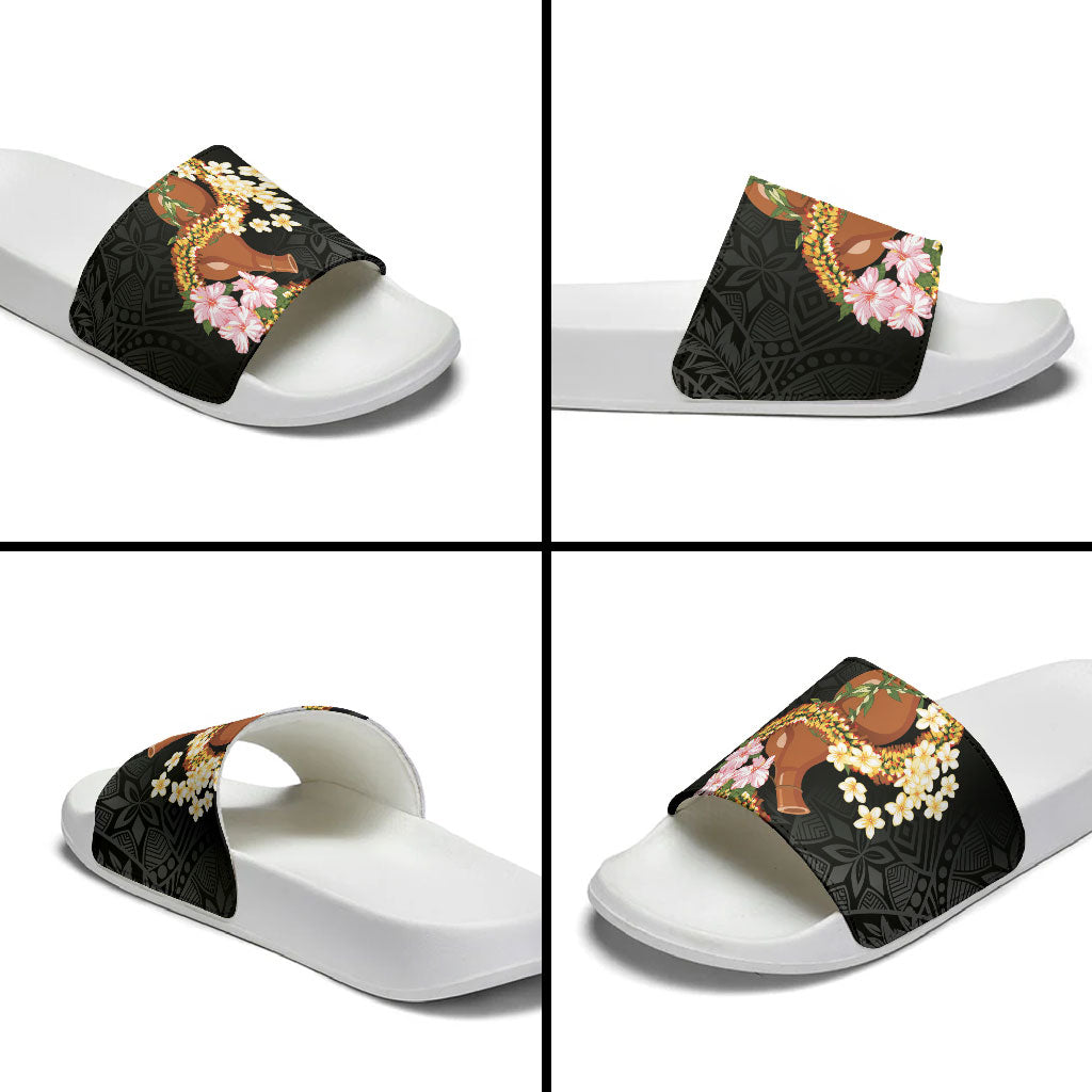 Aloha Hawaii Ipu Gourd Mix ʻĀkulikuli Lei Slide Sandals Obsidian Black LT7 - Polynesian Pride