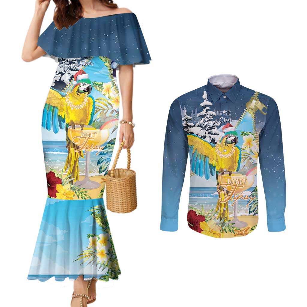 Funny Tropical Christmas Couples Matching Mermaid Dress and Long Sleeve Button Shirt Tis The Season To Get Tipsy LT7 Colorful - Polynesian Pride