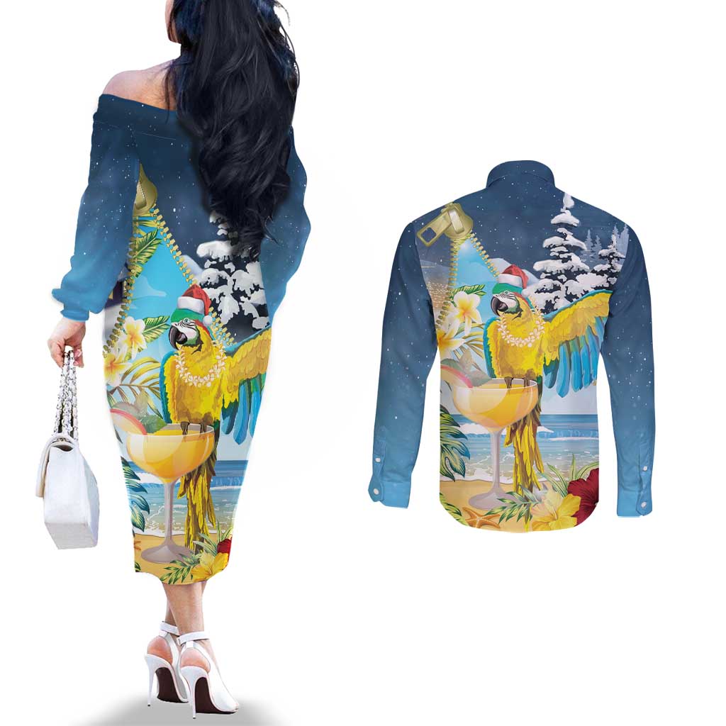 Funny Tropical Christmas Couples Matching Off The Shoulder Long Sleeve Dress and Long Sleeve Button Shirt Tis The Season To Get Tipsy LT7 - Polynesian Pride