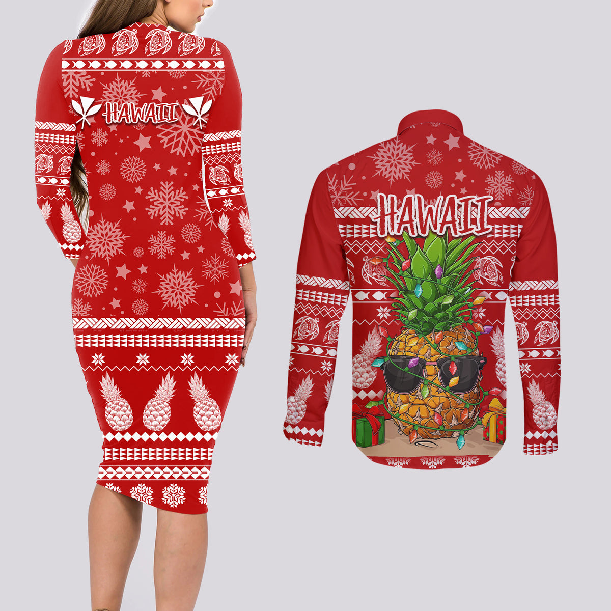 Hawaii Pineapple Christmas Couples Matching Long Sleeve Bodycon Dress and Long Sleeve Button Shirt Mele Kalikimaka LT7 - Polynesian Pride
