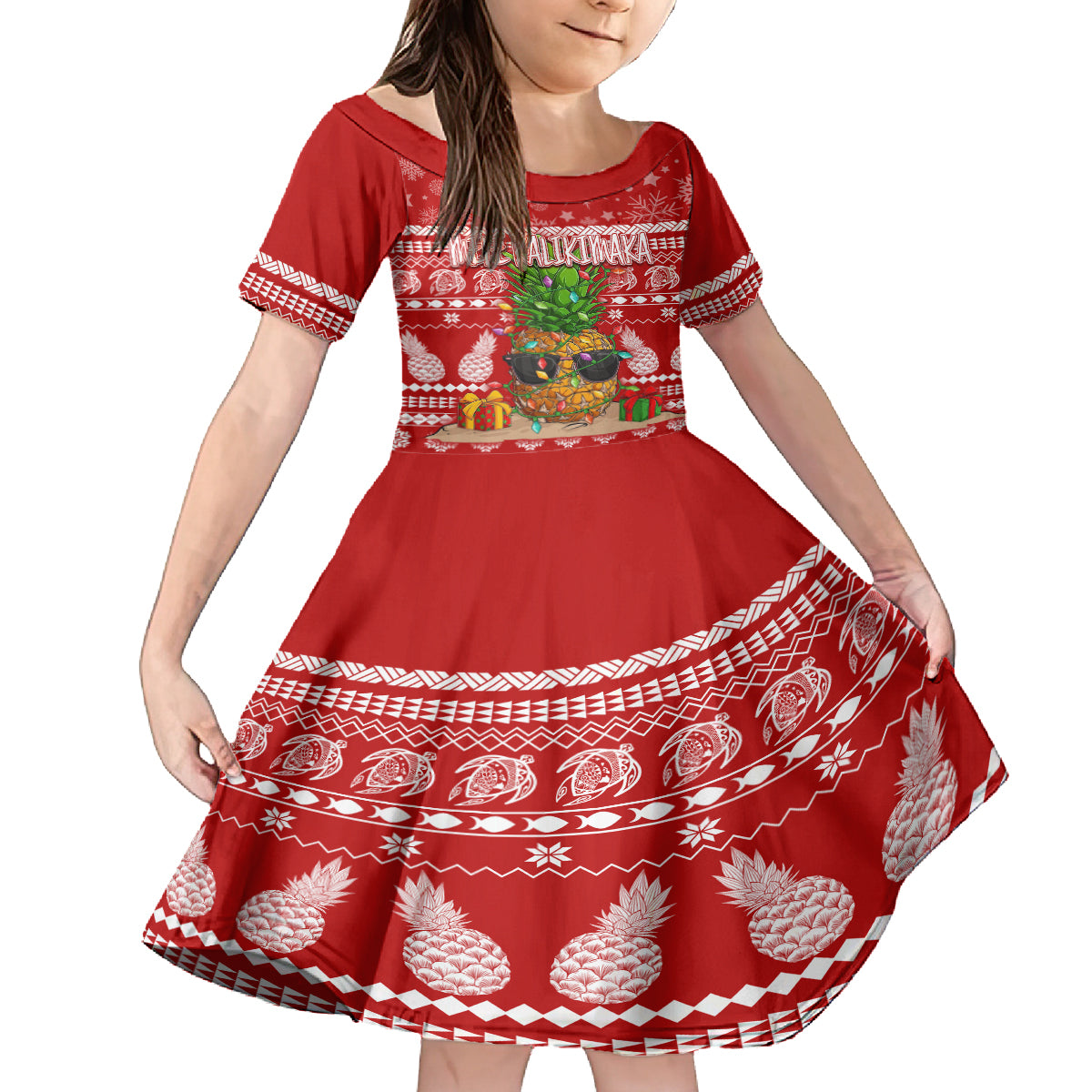 Hawaii Pineapple Christmas Family Matching Tank Maxi Dress and Hawaiian Shirt Mele Kalikimaka LT7 Daughter's Dress Red - Polynesian Pride