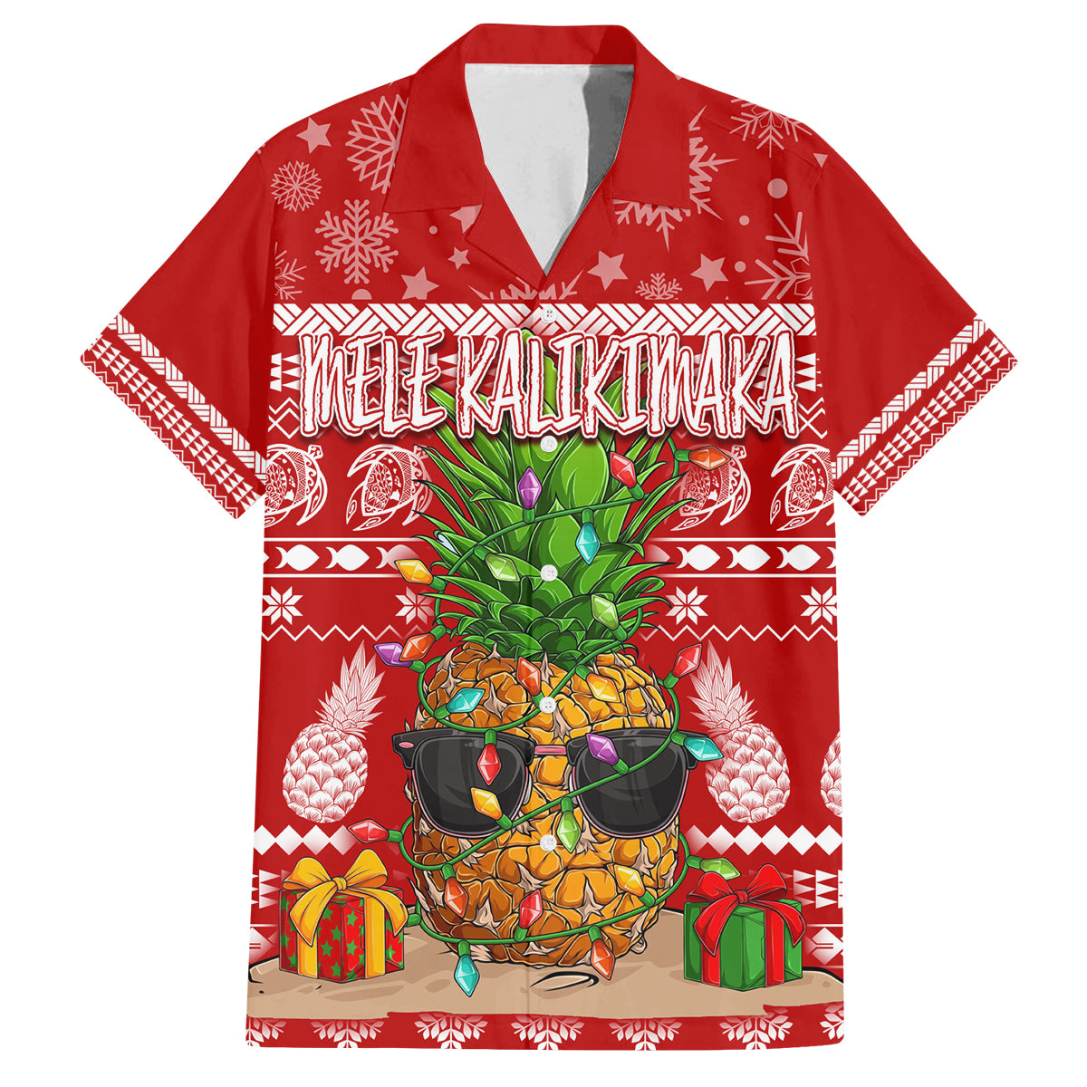 Hawaii Pineapple Christmas Family Matching Tank Maxi Dress and Hawaiian Shirt Mele Kalikimaka LT7 Dad's Shirt - Short Sleeve Red - Polynesian Pride