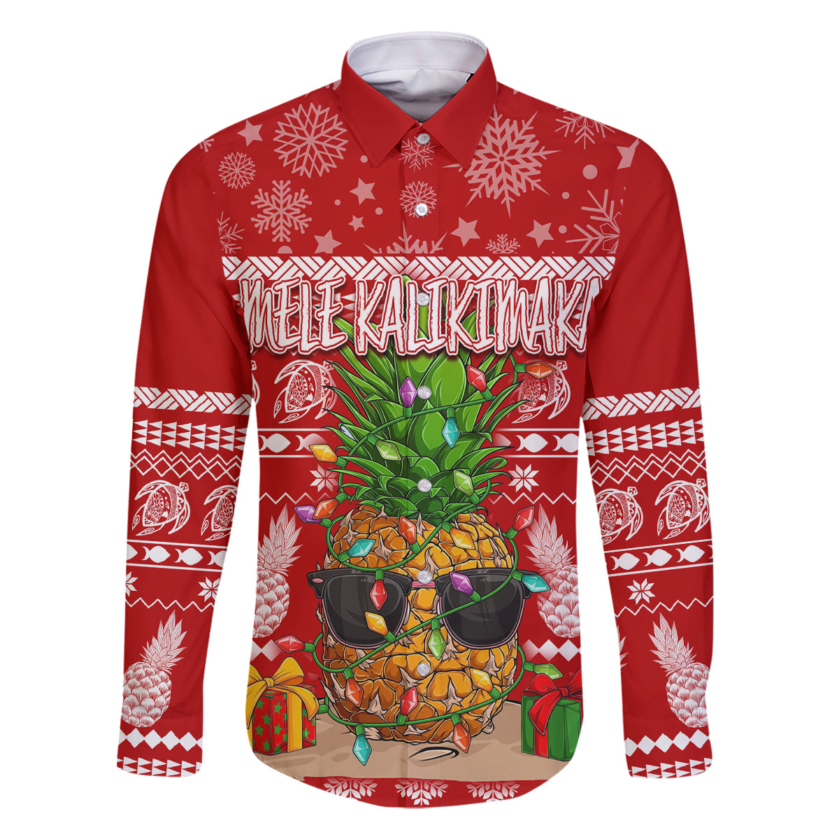 Hawaii Pineapple Christmas Family Matching Tank Maxi Dress and Hawaiian Shirt Mele Kalikimaka LT7 Dad's Shirt - Long Sleeve Red - Polynesian Pride