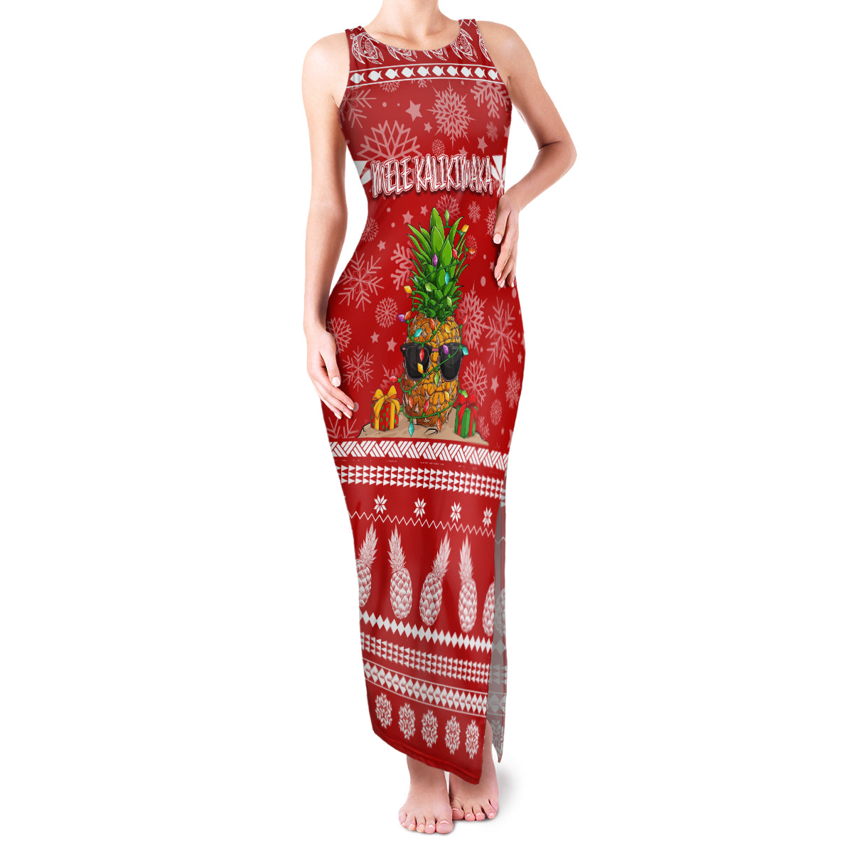 Hawaii Pineapple Christmas Family Matching Tank Maxi Dress and Hawaiian Shirt Mele Kalikimaka LT7 Mom's Dress Red - Polynesian Pride