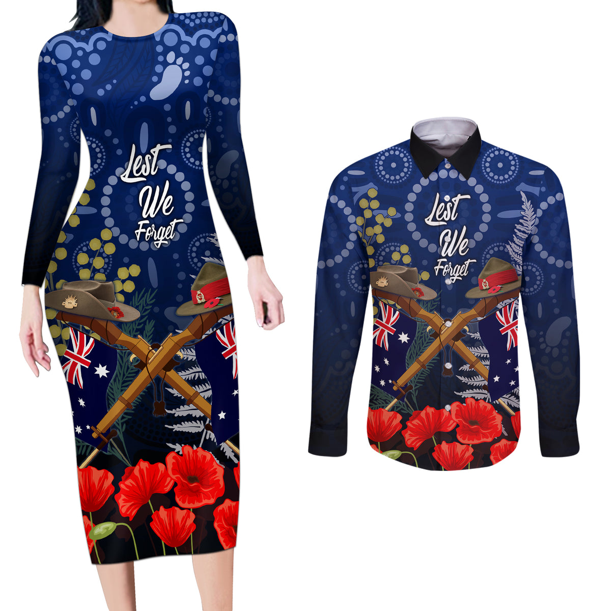 Anzac Couples Matching Long Sleeve Bodycon Dress and Long Sleeve Button Shirt Australia Aboriginal Mix New Zealand Slouch Hats LT7 Blue - Polynesian Pride