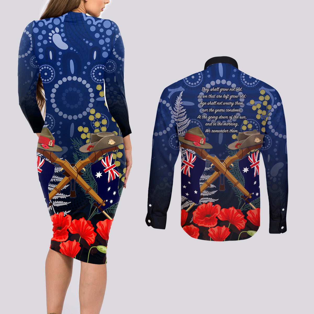 Anzac Couples Matching Long Sleeve Bodycon Dress and Long Sleeve Button Shirt Australia Aboriginal Mix New Zealand Slouch Hats LT7 - Polynesian Pride