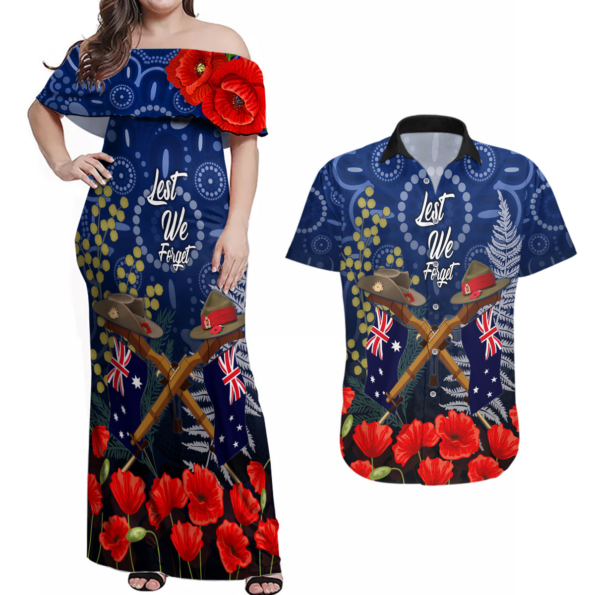 Anzac Couples Matching Off Shoulder Maxi Dress and Hawaiian Shirt Australia Aboriginal Mix New Zealand Slouch Hats LT7 Blue - Polynesian Pride