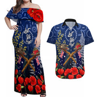 Anzac Couples Matching Off Shoulder Maxi Dress and Hawaiian Shirt Australia Aboriginal Mix New Zealand Slouch Hats LT7 Blue - Polynesian Pride