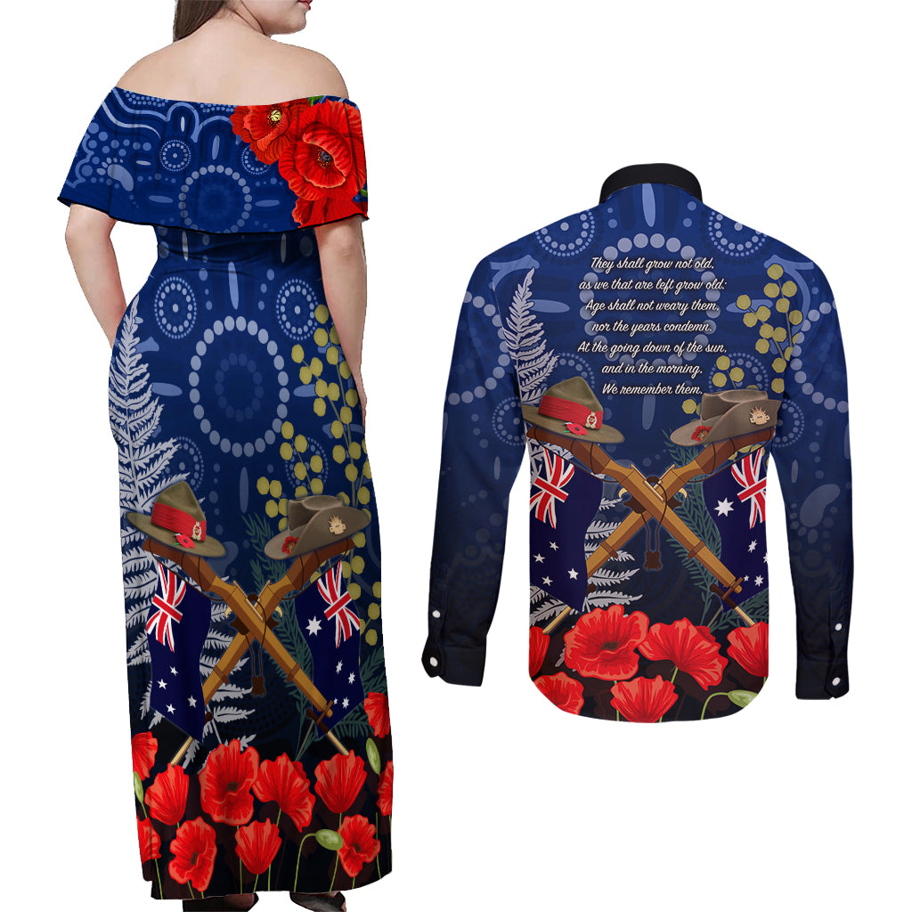 Anzac Couples Matching Off Shoulder Maxi Dress and Long Sleeve Button Shirt Ausralia Aboriginal Mix New Zealand Slouch Hats LT7 - Polynesian Pride