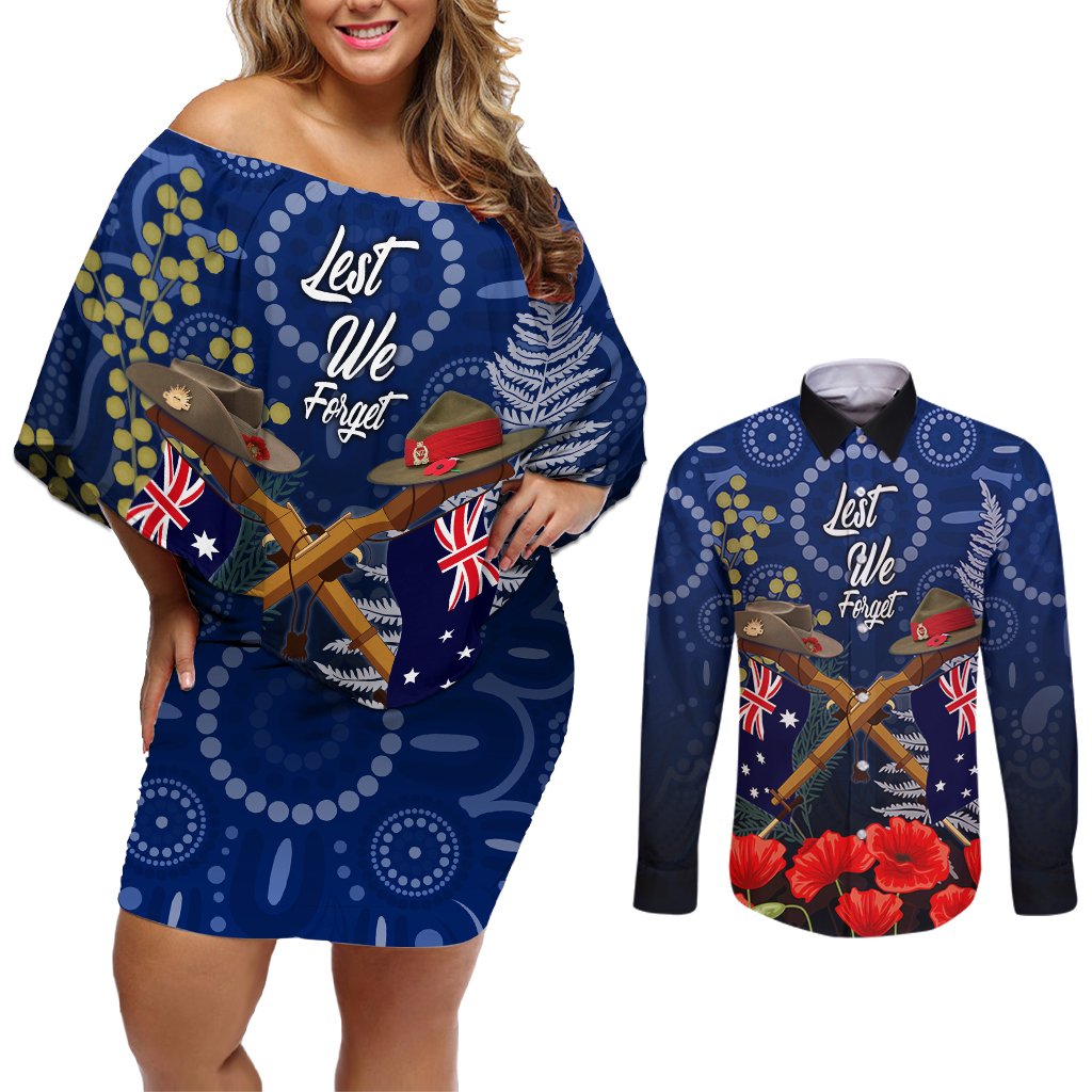 Anzac Couples Matching Off Shoulder Short Dress and Long Sleeve Button Shirt Australia Aboriginal Mix New Zealand Slouch Hats LT7 Blue - Polynesian Pride