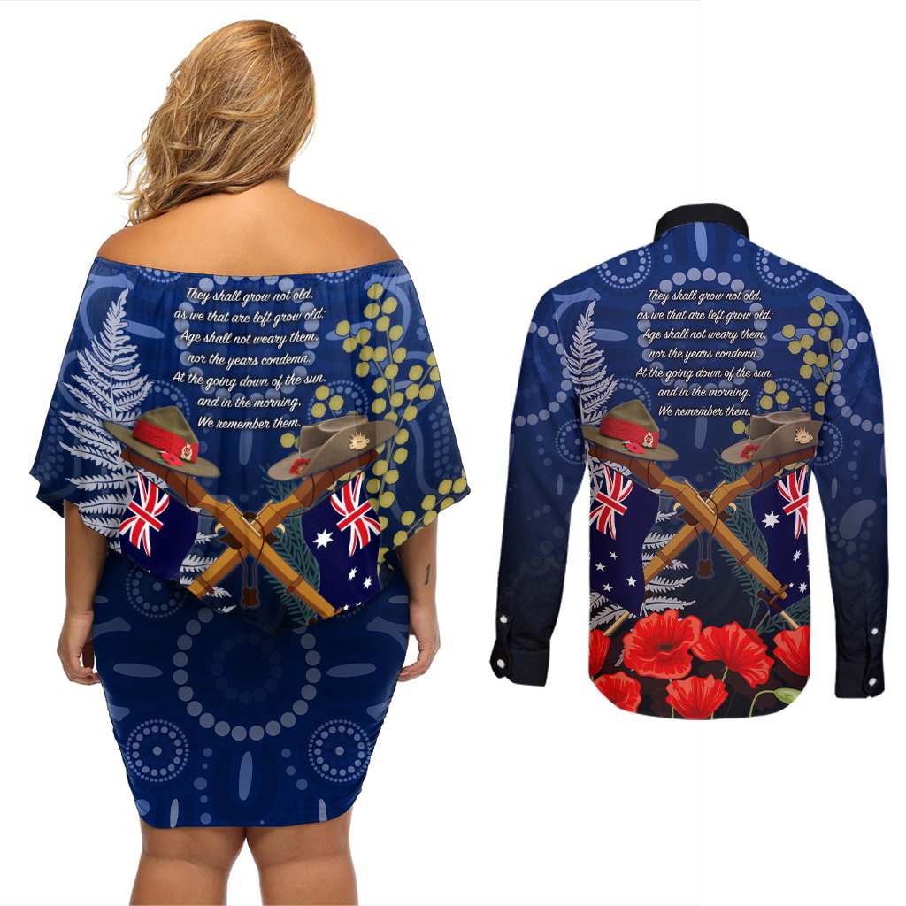 Anzac Couples Matching Off Shoulder Short Dress and Long Sleeve Button Shirt Australia Aboriginal Mix New Zealand Slouch Hats LT7 - Polynesian Pride