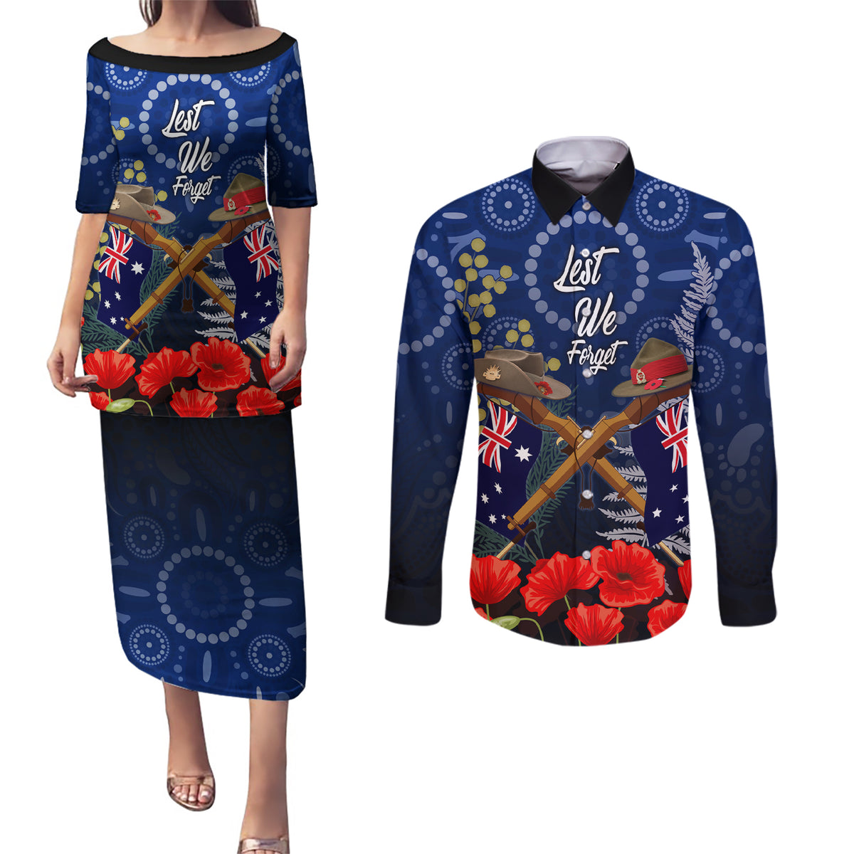 Anzac Couples Matching Puletasi and Long Sleeve Button Shirt Ausralia Aboriginal Mix New Zealand Slouch Hats LT7 Blue - Polynesian Pride