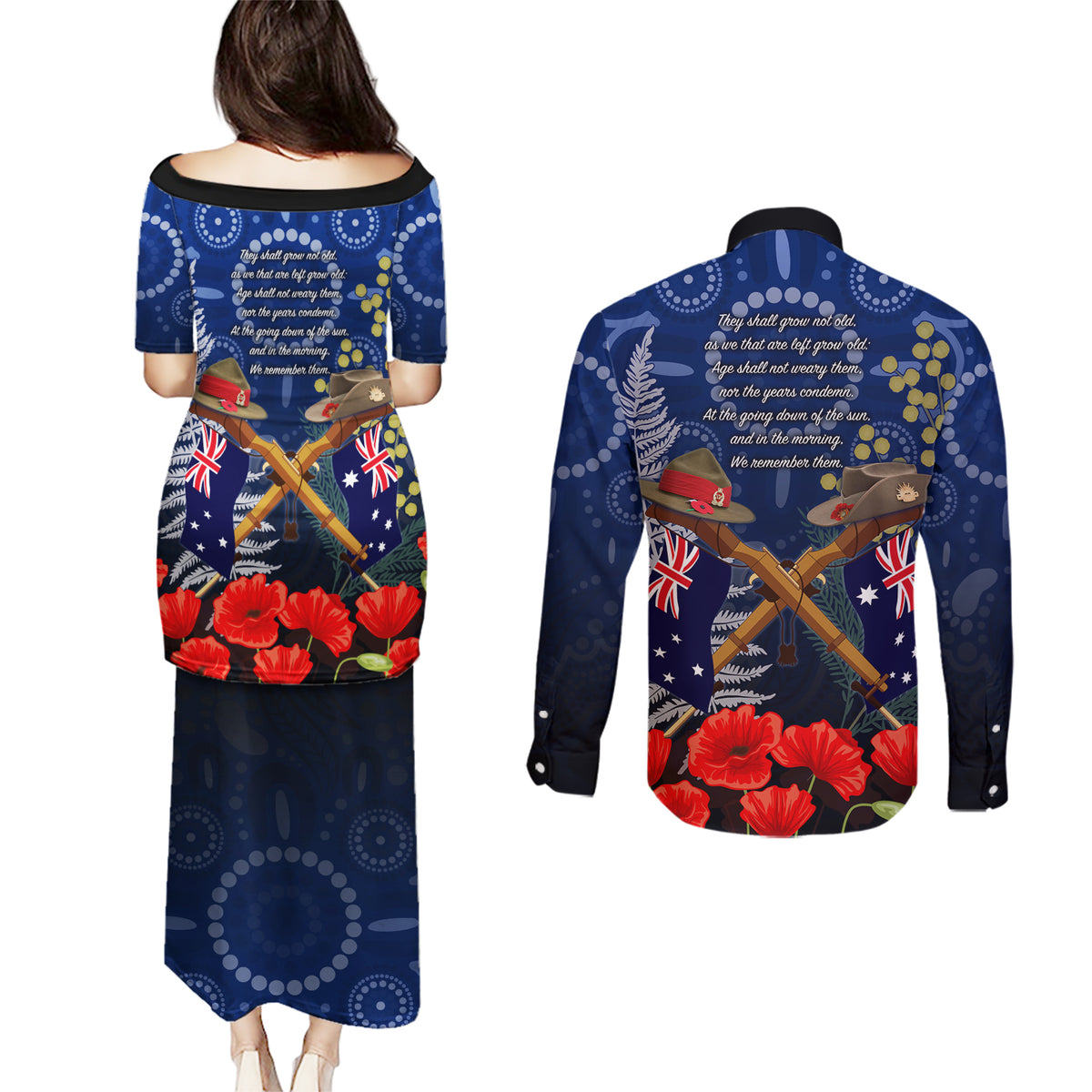 Anzac Couples Matching Puletasi and Long Sleeve Button Shirt Ausralia Aboriginal Mix New Zealand Slouch Hats LT7 - Polynesian Pride