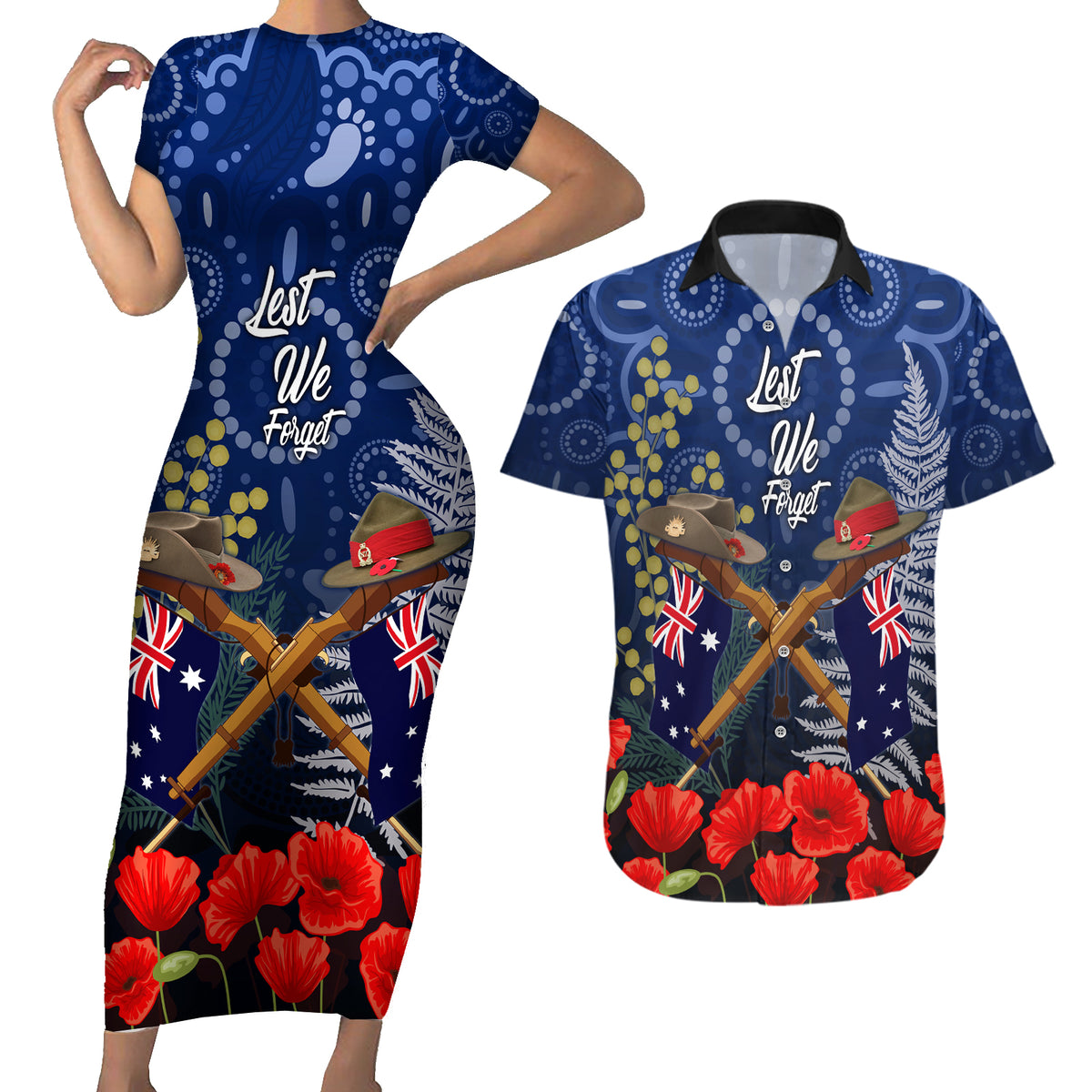 Anzac Couples Matching Short Sleeve Bodycon Dress and Hawaiian Shirt Australia Aboriginal Mix New Zealand Slouch Hats LT7 Blue - Polynesian Pride
