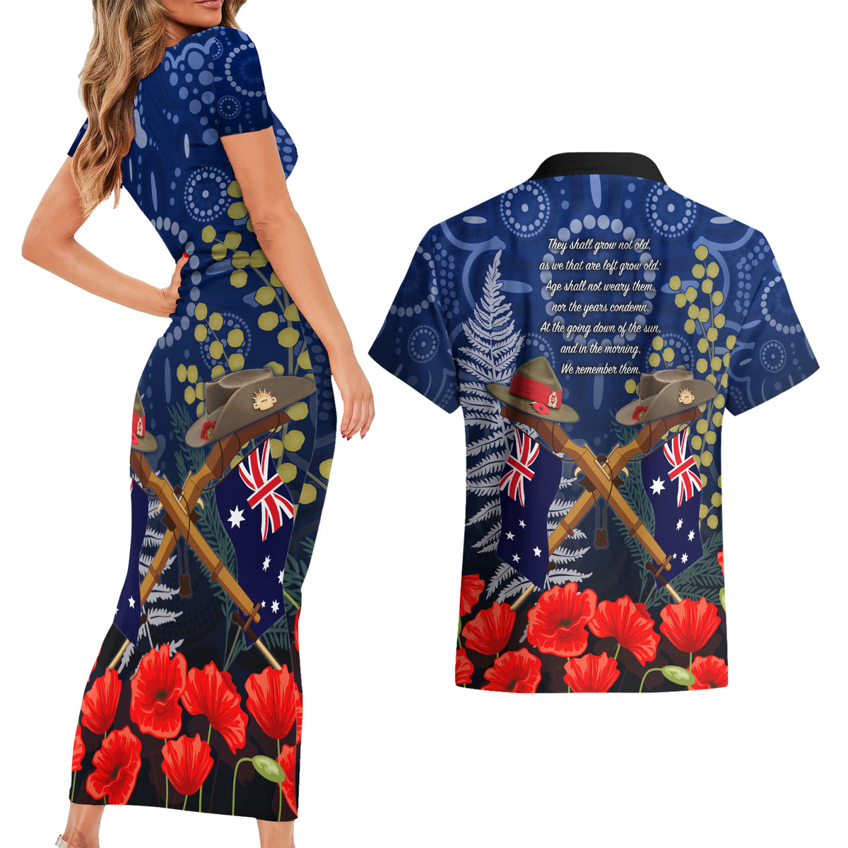 Anzac Couples Matching Short Sleeve Bodycon Dress and Hawaiian Shirt Australia Aboriginal Mix New Zealand Slouch Hats LT7 - Polynesian Pride
