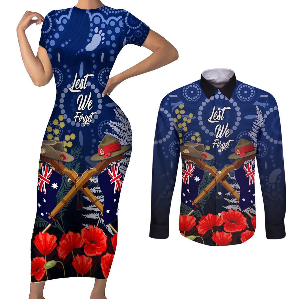 Anzac Couples Matching Short Sleeve Bodycon Dress and Long Sleeve Button Shirt Australia Aboriginal Mix New Zealand Slouch Hats LT7 Blue - Polynesian Pride