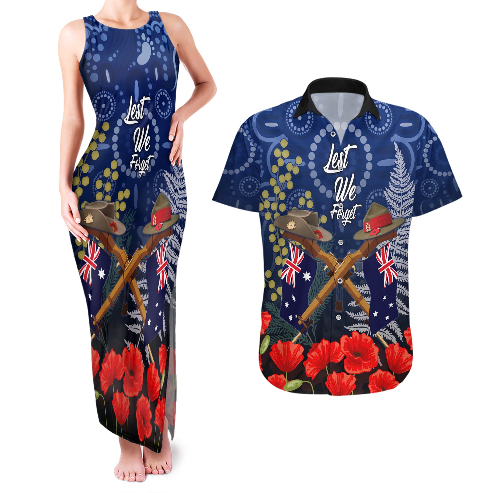Anzac Couples Matching Tank Maxi Dress and Hawaiian Shirt Ausralia Aboriginal Mix New Zealand Slouch Hats LT7 Blue - Polynesian Pride