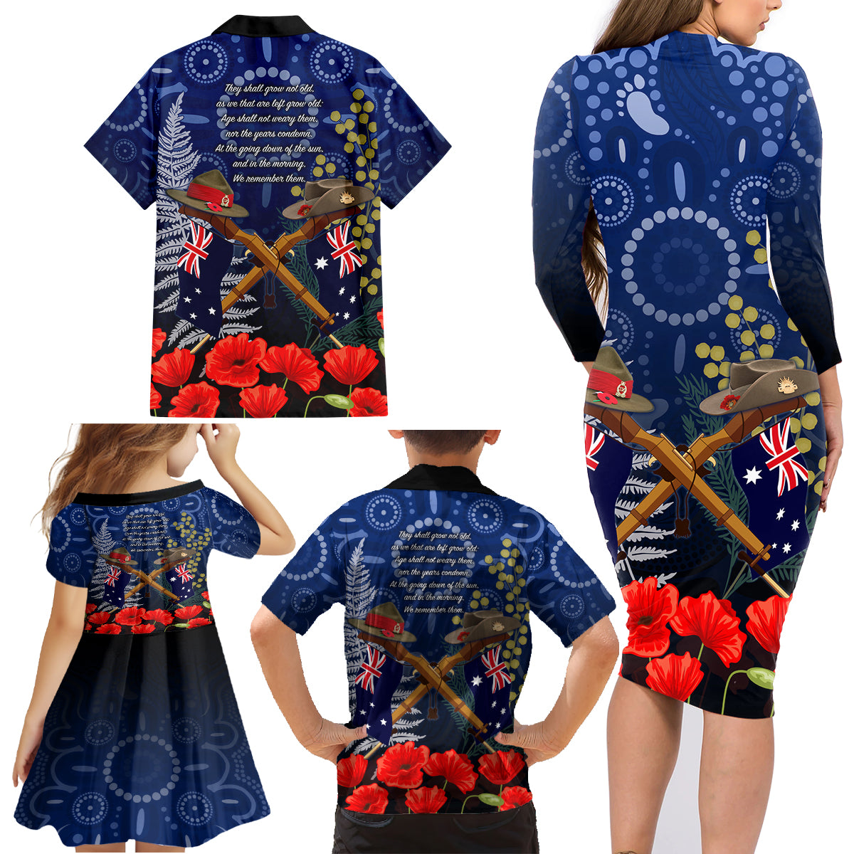 Anzac Family Matching Long Sleeve Bodycon Dress and Hawaiian Shirt Australia Aboriginal Mix New Zealand Slouch Hats LT7 - Polynesian Pride