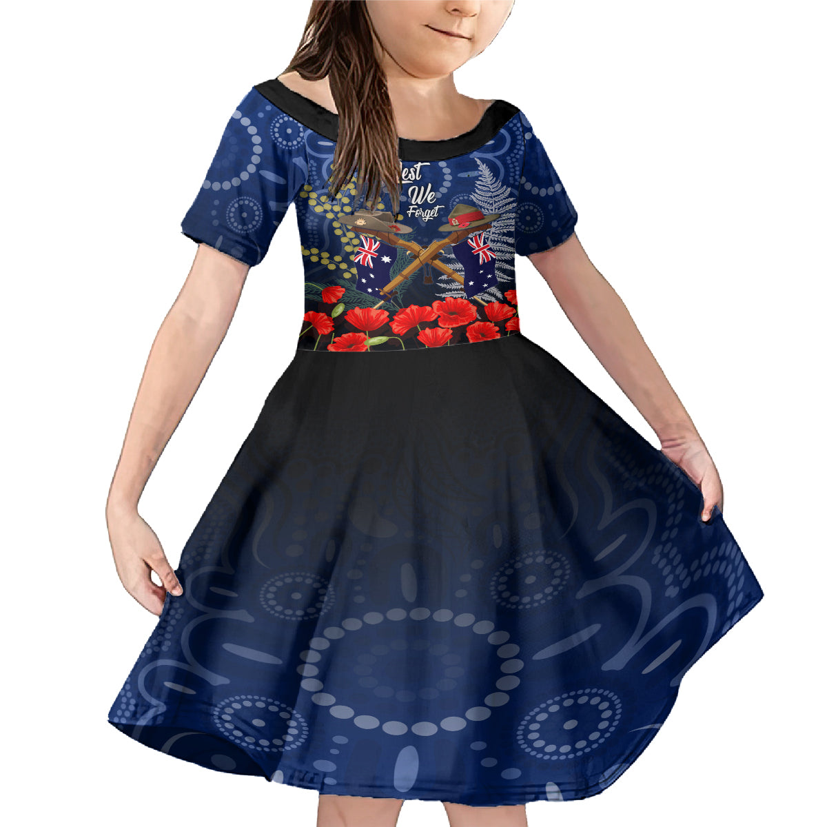 Anzac Family Matching Mermaid Dress and Hawaiian Shirt Australia Aboriginal Mix New Zealand Slouch Hats LT7 Daughter's Dress Blue - Polynesian Pride