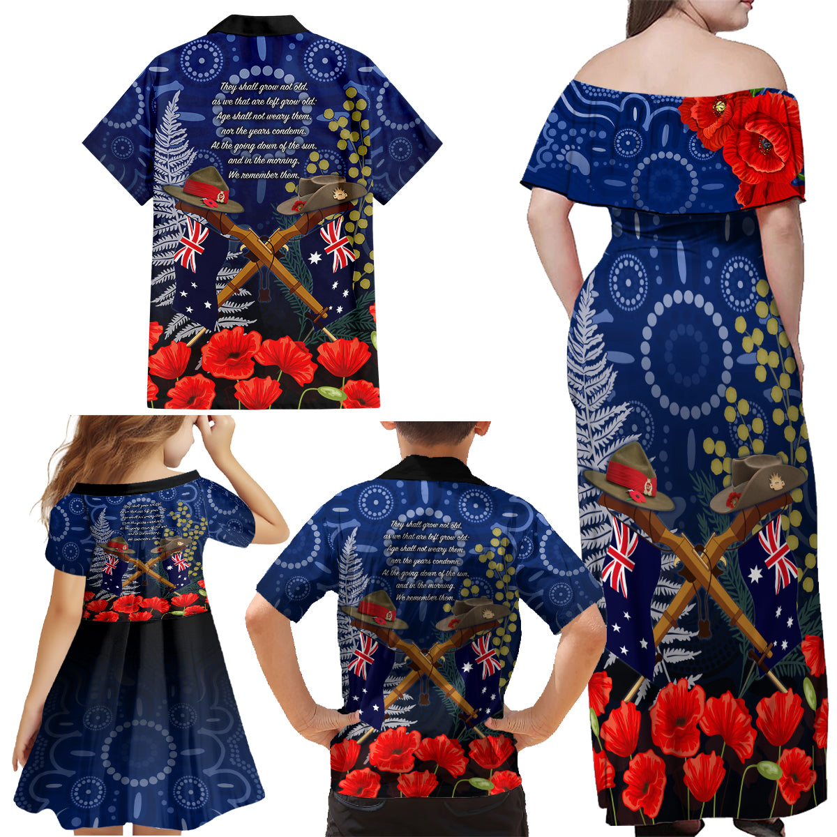 Anzac Family Matching Off Shoulder Maxi Dress and Hawaiian Shirt Australia Aboriginal Mix New Zealand Slouch Hats LT7 - Polynesian Pride