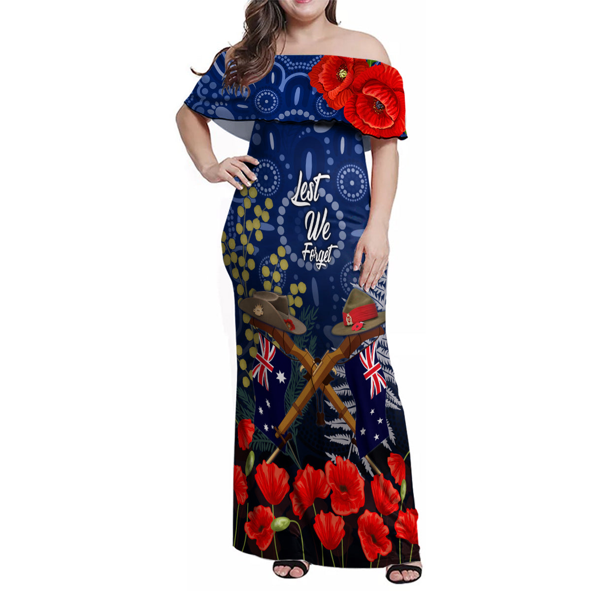Anzac Family Matching Off Shoulder Maxi Dress and Hawaiian Shirt Australia Aboriginal Mix New Zealand Slouch Hats LT7 Mom's Dress Blue - Polynesian Pride
