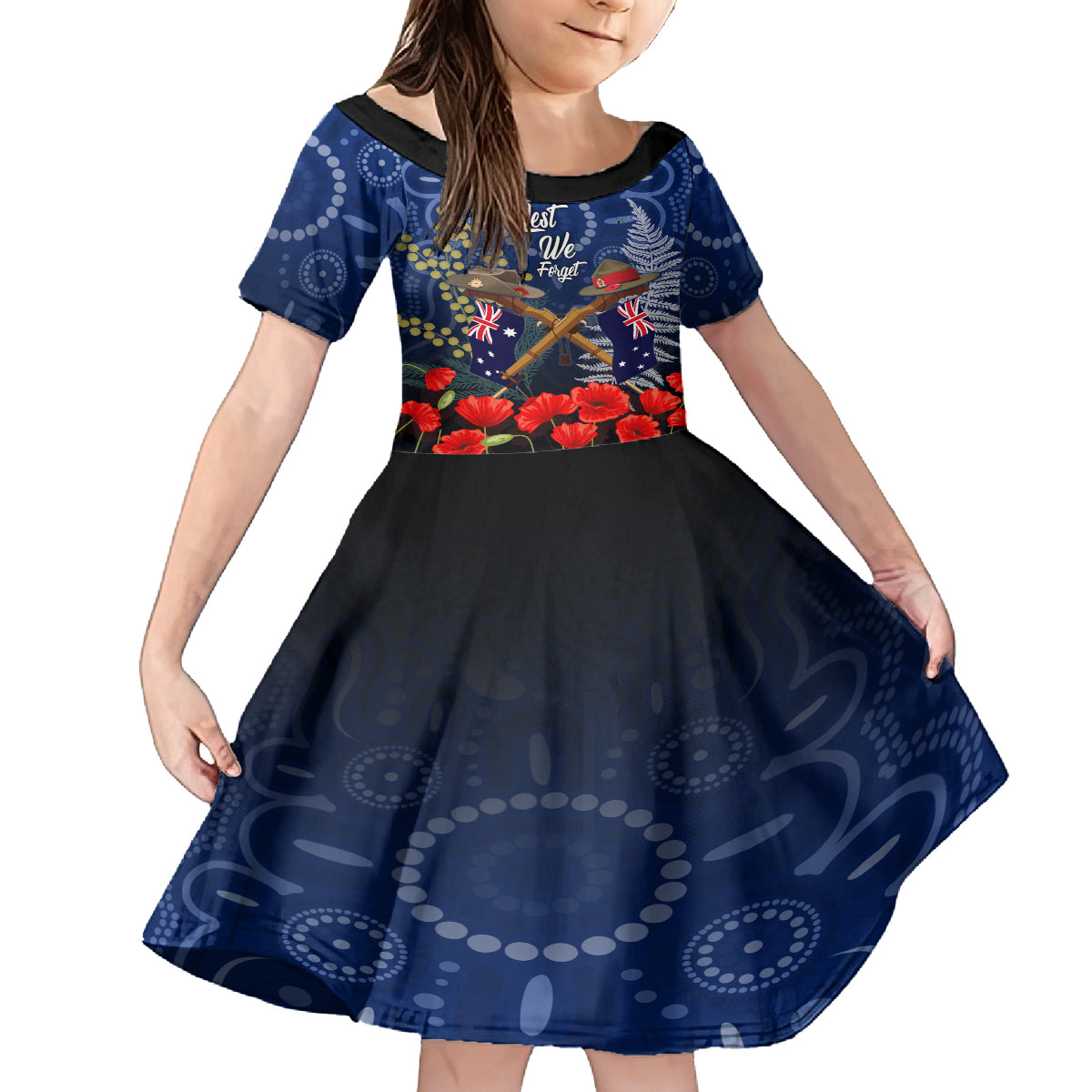 Anzac Family Matching Off Shoulder Short Dress and Hawaiian Shirt Australia Aboriginal Mix New Zealand Slouch Hats LT7 Daughter's Dress Blue - Polynesian Pride