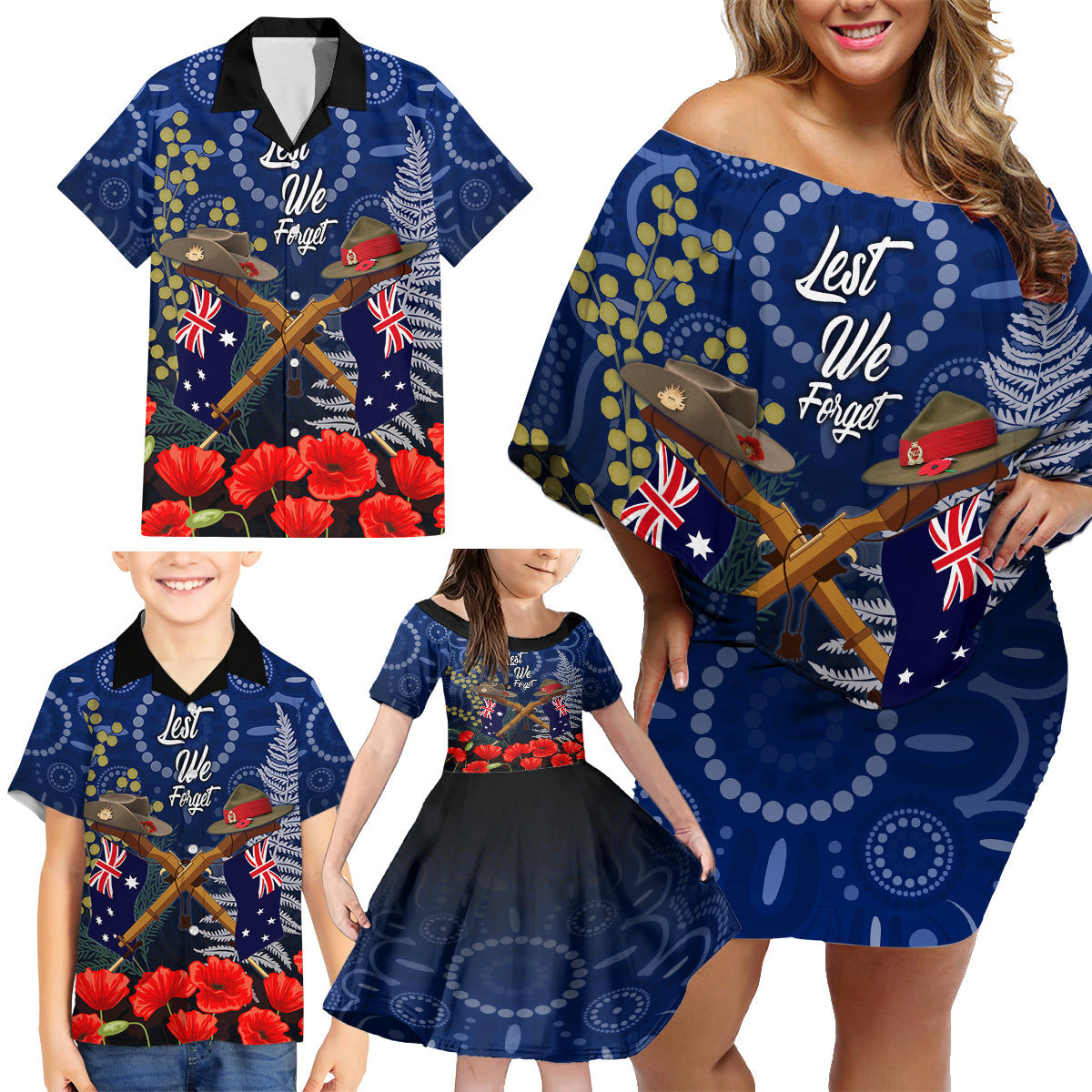 Anzac Family Matching Off Shoulder Short Dress and Hawaiian Shirt Australia Aboriginal Mix New Zealand Slouch Hats LT7 - Polynesian Pride