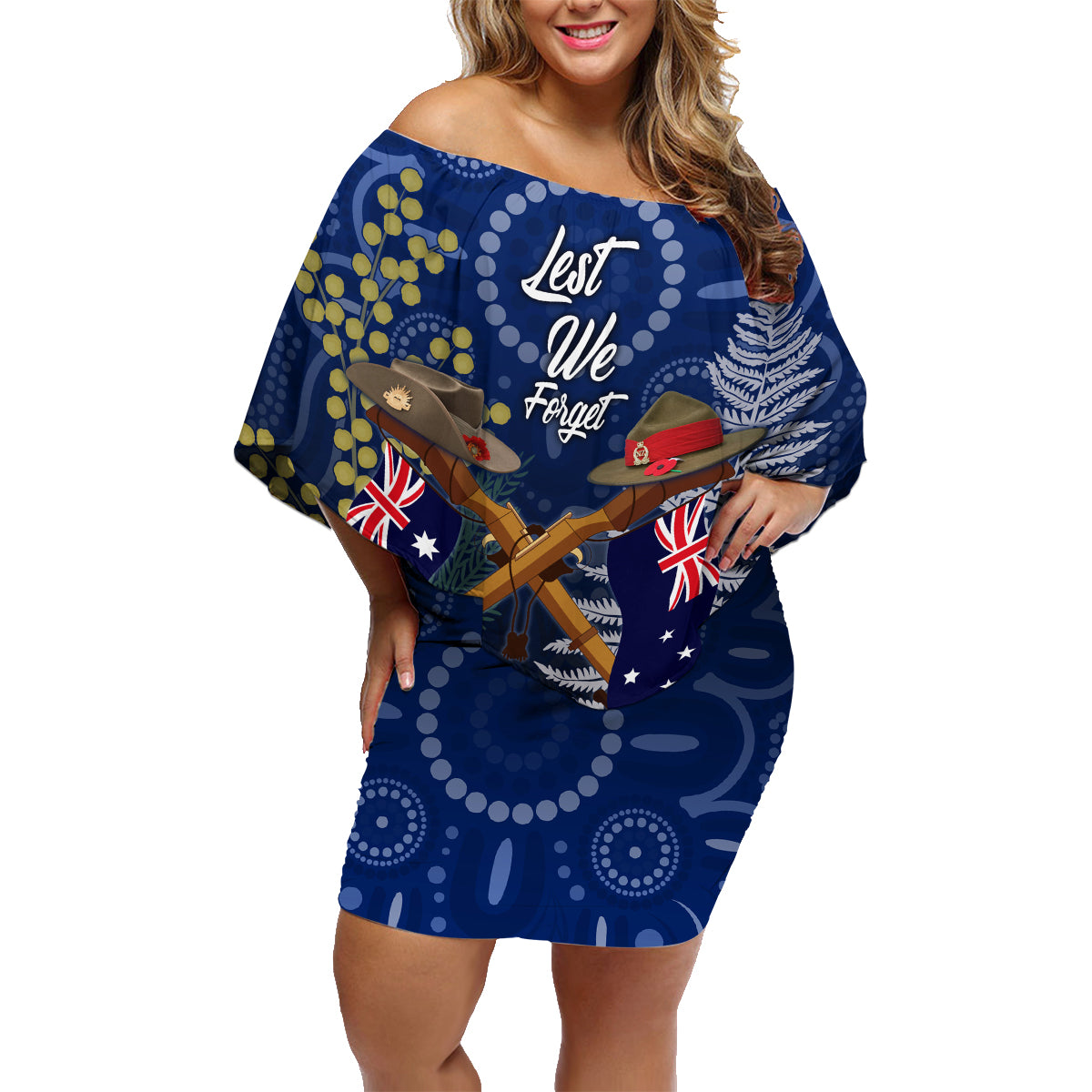 Anzac Family Matching Off Shoulder Short Dress and Hawaiian Shirt Australia Aboriginal Mix New Zealand Slouch Hats LT7 Mom's Dress Blue - Polynesian Pride