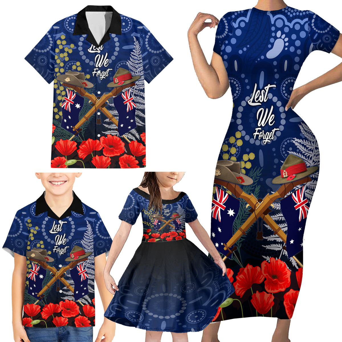 Anzac Family Matching Short Sleeve Bodycon Dress and Hawaiian Shirt Australia Aboriginal Mix New Zealand Slouch Hats LT7 - Polynesian Pride