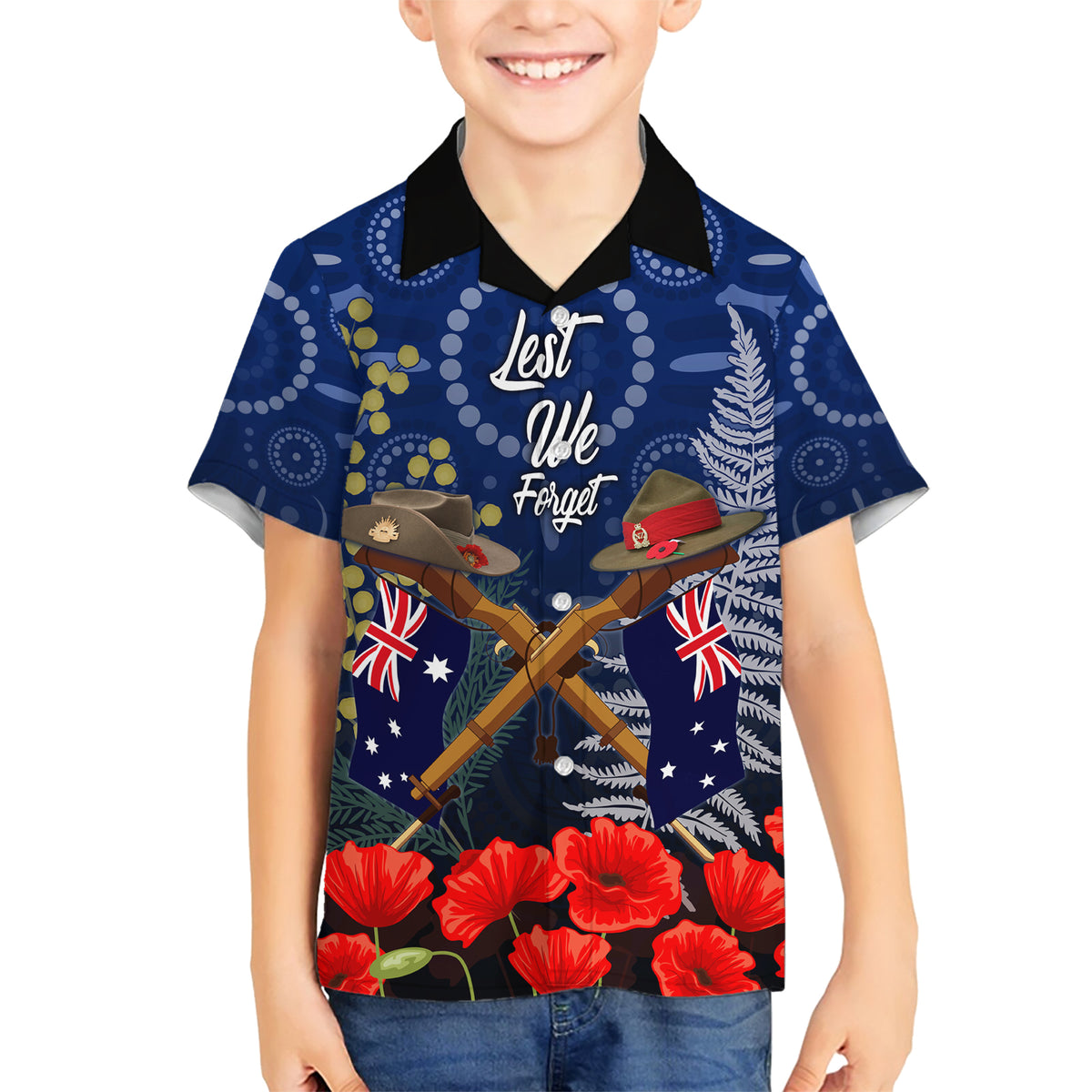 Anzac Family Matching Short Sleeve Bodycon Dress and Hawaiian Shirt Australia Aboriginal Mix New Zealand Slouch Hats LT7 Son's Shirt Blue - Polynesian Pride
