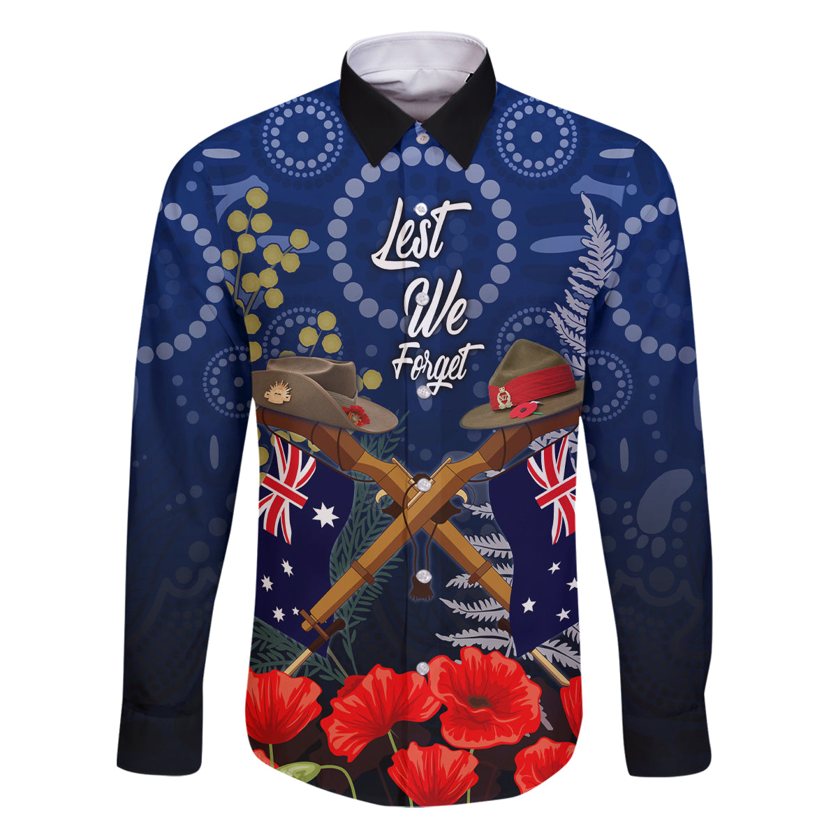 Anzac Family Matching Summer Maxi Dress and Hawaiian Shirt Australia Aboriginal Mix New Zealand Slouch Hats LT7 Dad's Shirt - Long Sleeve Blue - Polynesian Pride