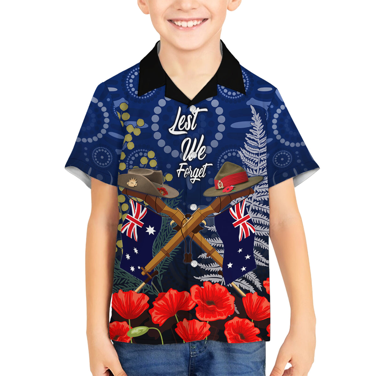 Anzac Family Matching Summer Maxi Dress and Hawaiian Shirt Australia Aboriginal Mix New Zealand Slouch Hats LT7 Son's Shirt Blue - Polynesian Pride