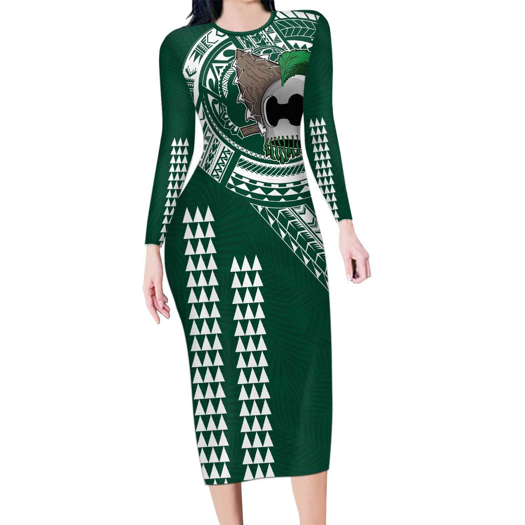Hawaii Rainbow Warriors Personalized Family Matching Long Sleeve Bodycon Dress and Hawaiian Shirt Kakau Ikaika Laau Pama LT7 Mom's Dress Green - Polynesian Pride
