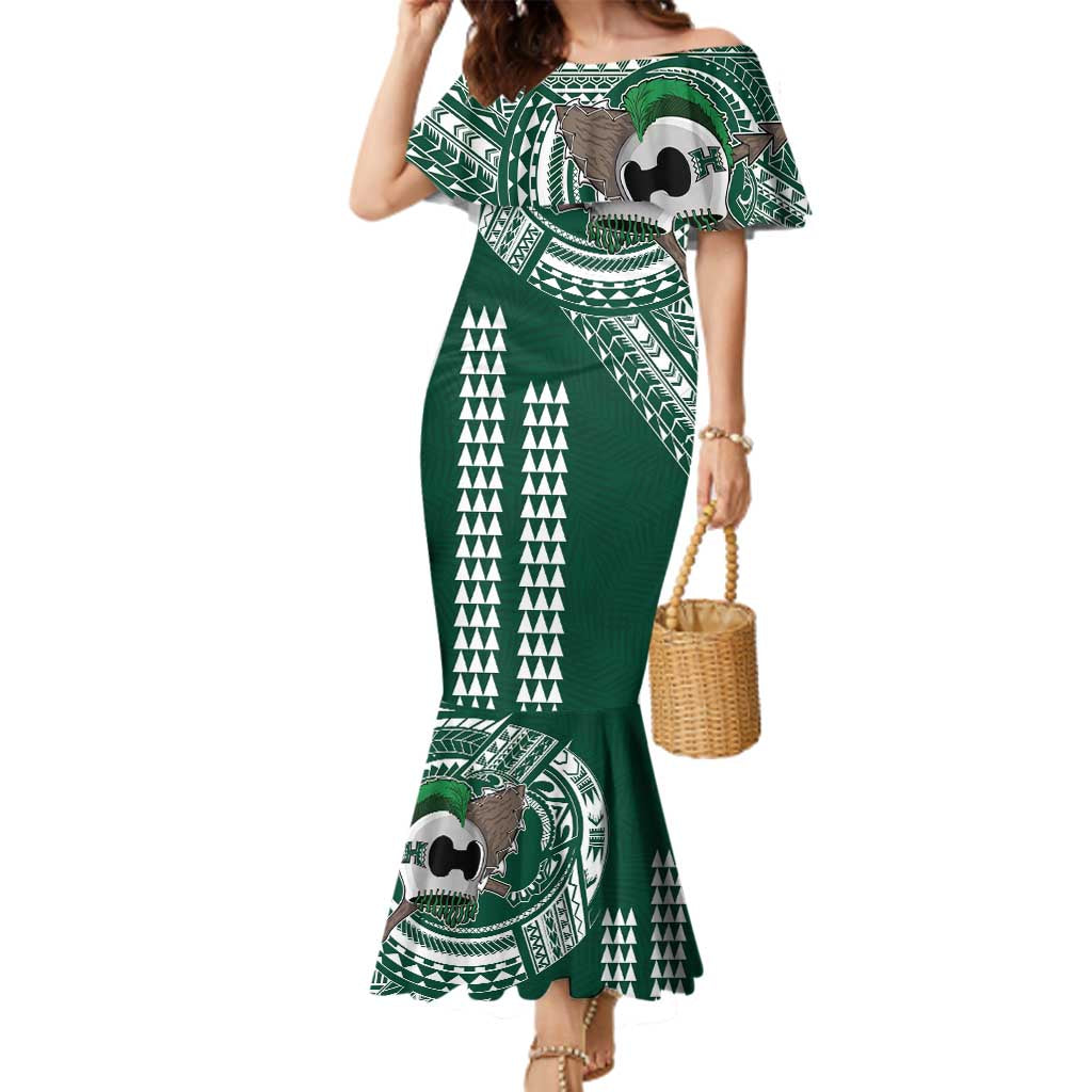 Hawaii Rainbow Warriors Personalized Family Matching Mermaid Dress and Hawaiian Shirt Kakau Ikaika Laau Pama LT7 Mom's Dress Green - Polynesian Pride