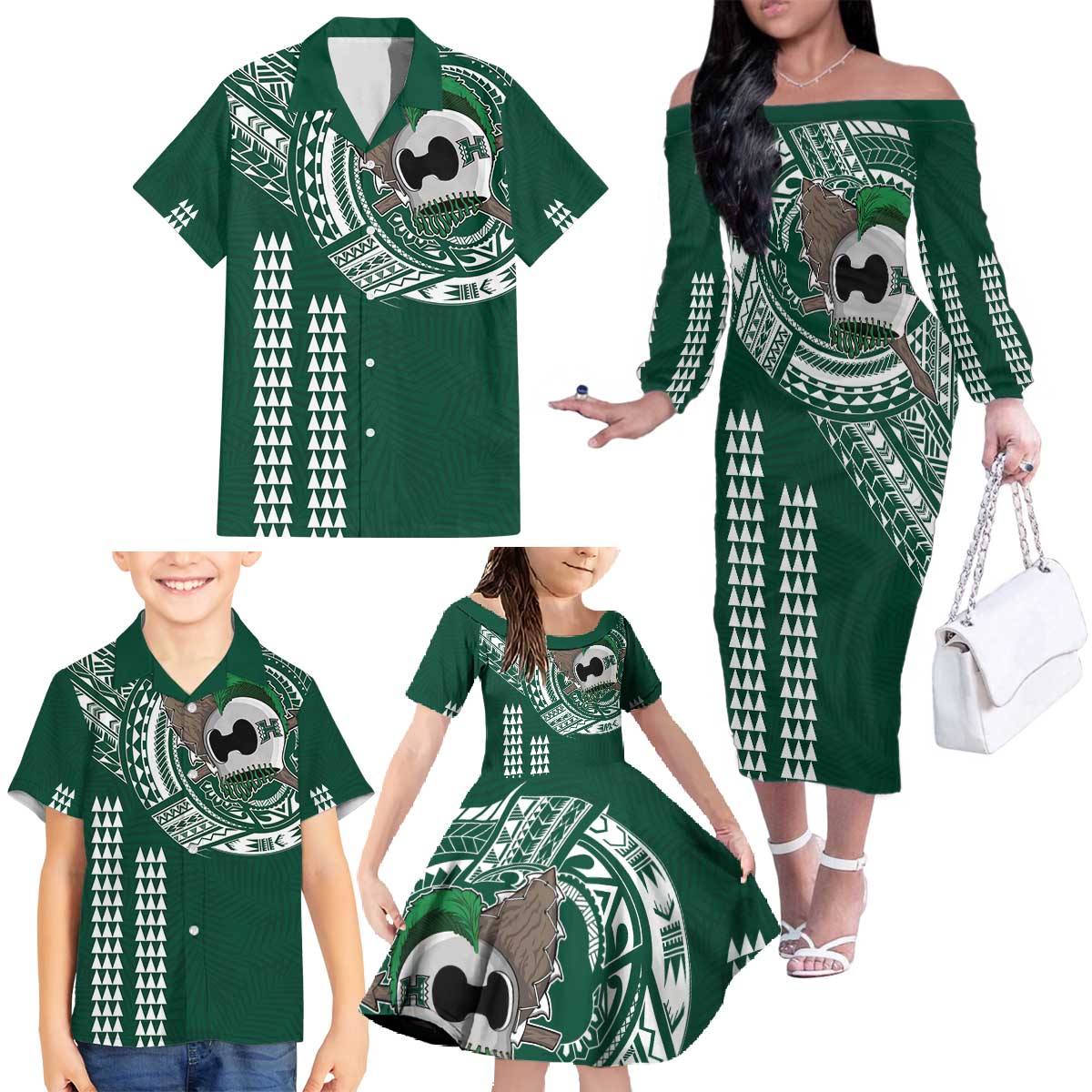 Hawaii Rainbow Warriors Personalized Family Matching Off The Shoulder Long Sleeve Dress and Hawaiian Shirt Kakau Ikaika Laau Pama LT7 - Polynesian Pride