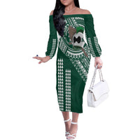 Hawaii Rainbow Warriors Personalized Family Matching Off The Shoulder Long Sleeve Dress and Hawaiian Shirt Kakau Ikaika Laau Pama LT7 Mom's Dress Green - Polynesian Pride