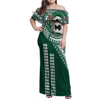 Hawaii Rainbow Warriors Personalized Family Matching Off Shoulder Maxi Dress and Hawaiian Shirt Kakau Ikaika Laau Pama LT7 Mom's Dress Green - Polynesian Pride