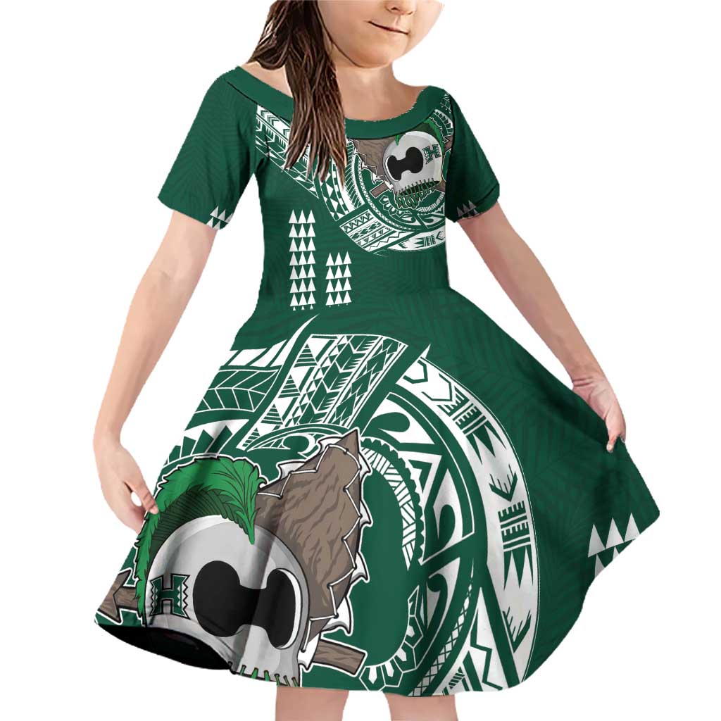 Hawaii Rainbow Warriors Personalized Family Matching Off Shoulder Short Dress and Hawaiian Shirt Kakau Ikaika Laau Pama LT7 Daughter's Dress Green - Polynesian Pride