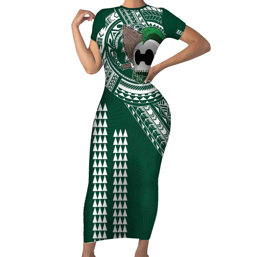 Hawaii Rainbow Warriors Personalized Family Matching Short Sleeve Bodycon Dress and Hawaiian Shirt Kakau Ikaika Laau Pama LT7 Mom's Dress Green - Polynesian Pride